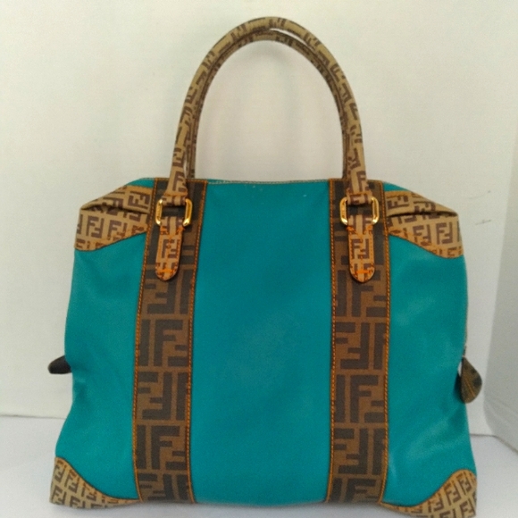 Fendi Handbags - Fendi Zucca Monogram Turquoise Canvas Leather Tote Bag‎ Handbag Gold Hardware